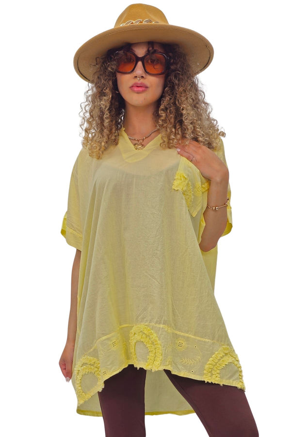 Plain Chest Pocket Lace Embroidered Detailing Cotton Top
