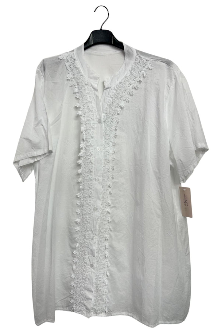 Embroidered Crochet Button-Down Front Cotton Shirt
