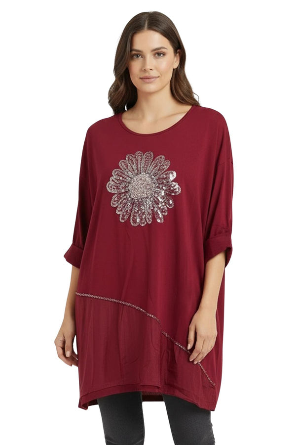 Sequin Floral Pattern Oversized Cotton Top