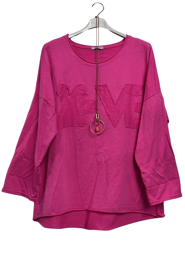 Love Applique Texture Drop Shoulder Tunic Cotton Top