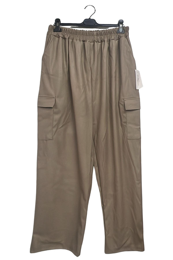 Plain Faux PU Leather Wide Leg Cargo Trousers