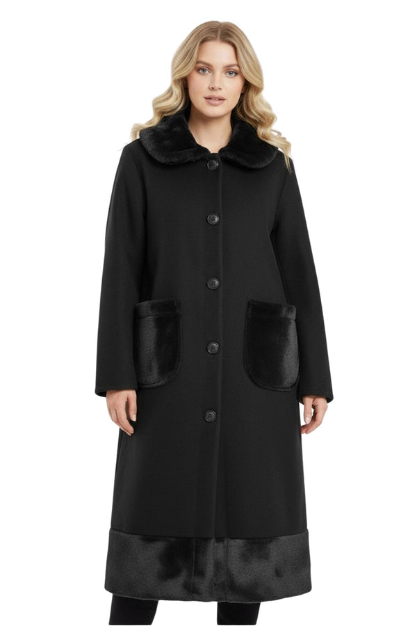 Plain Front Two Pockets Faux Fur Longline Coat