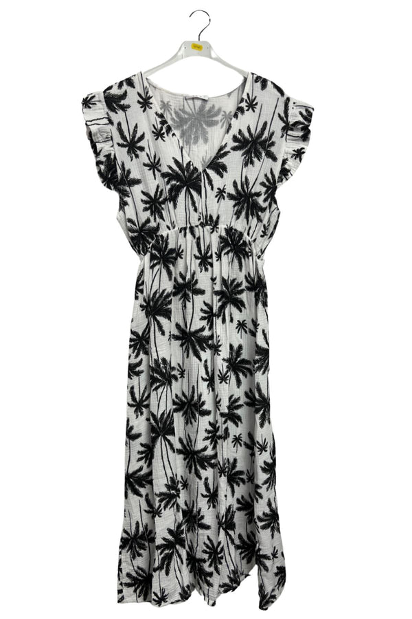 Palm Tree Print Empire Waist Cotton Dress