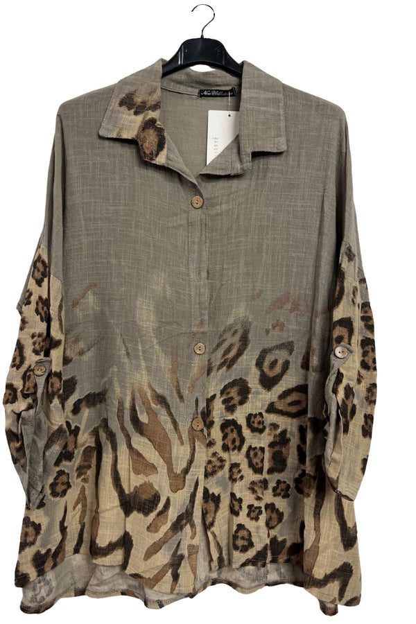 Leopard Print Button-Down Front Cotton Shirt