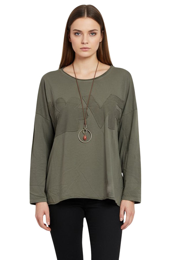 Love Applique Texture Drop Shoulder Tunic Cotton Top
