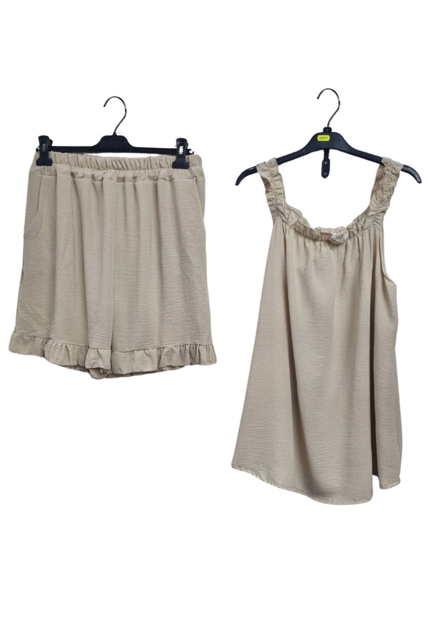 Plain Ruffle Strap Elasticated Waistband Co-Ord Set