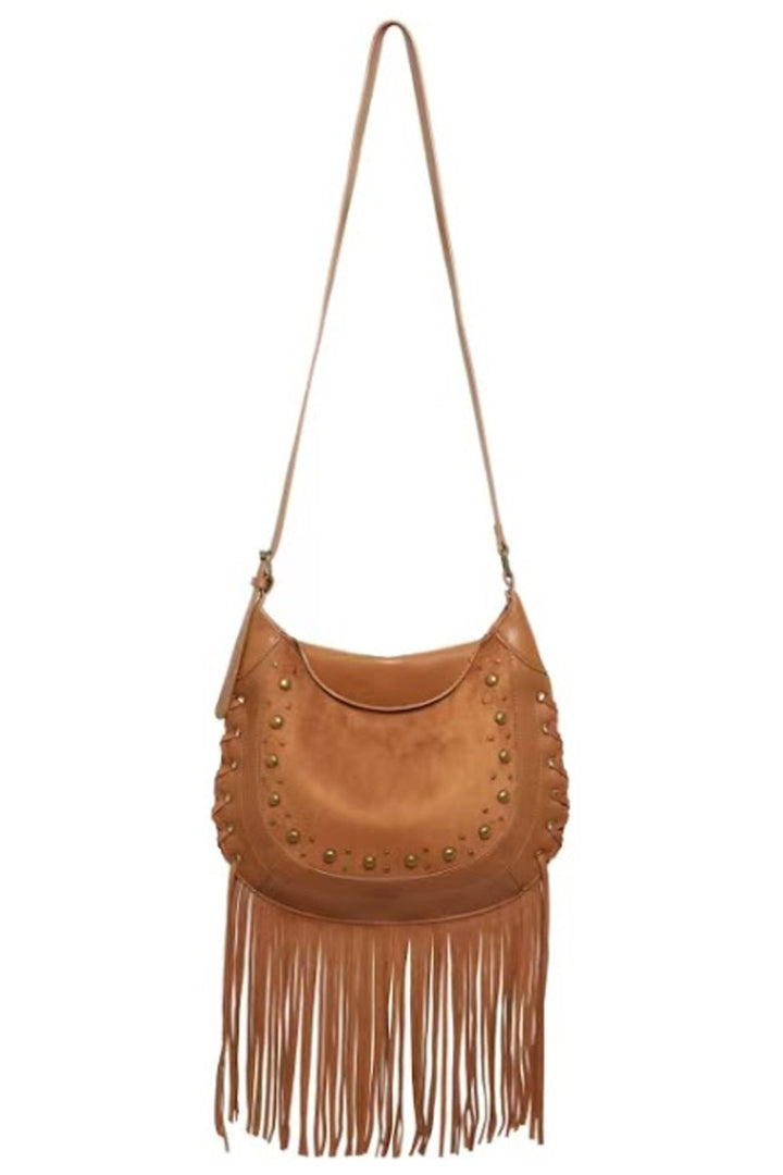 fringe studded faux suede shoulder bag