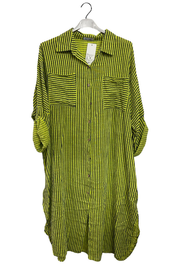Vertical Pinstripes Print Two Chest Patch Pockets Cotton Dress
