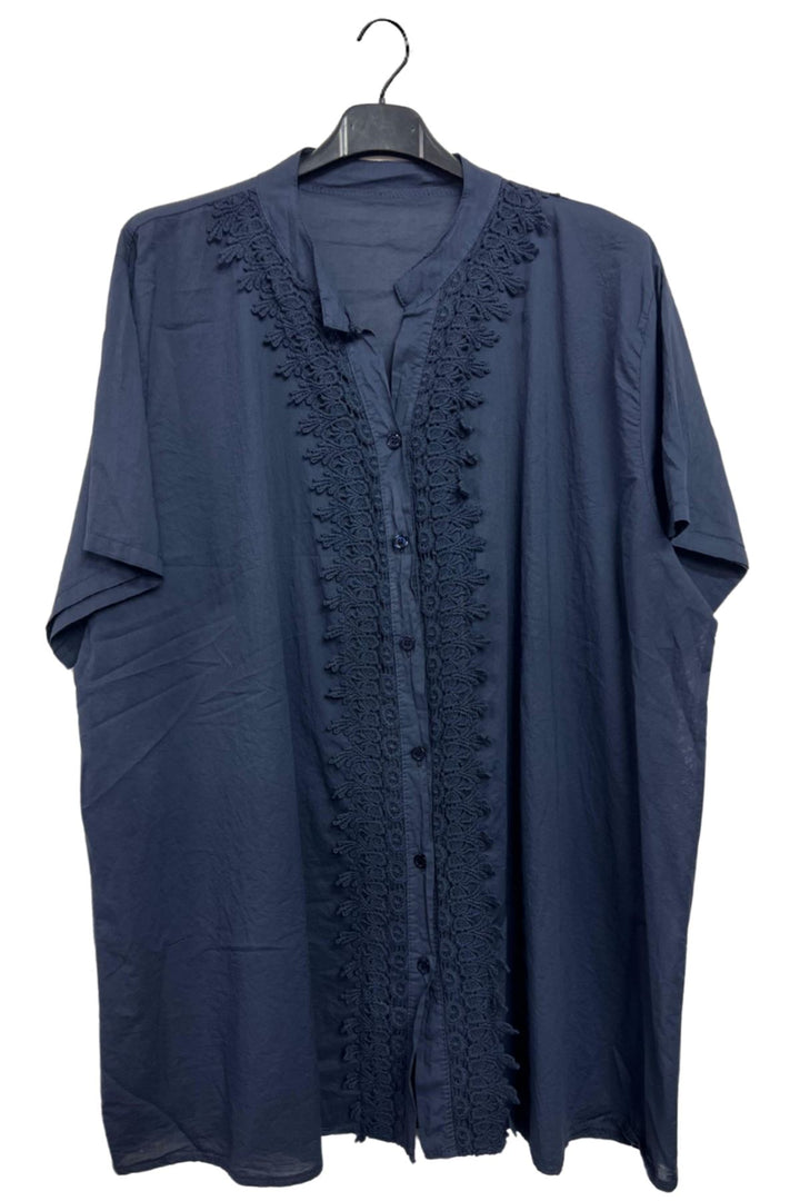 Embroidered Crochet Button-Down Front Cotton Shirt