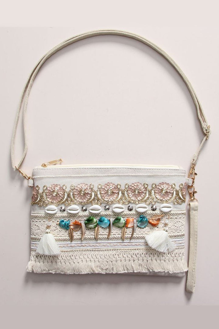Embellished Beaded Tassel Crossbody Bag