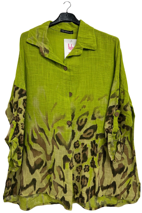 Leopard Print Button-Down Front Cotton Shirt