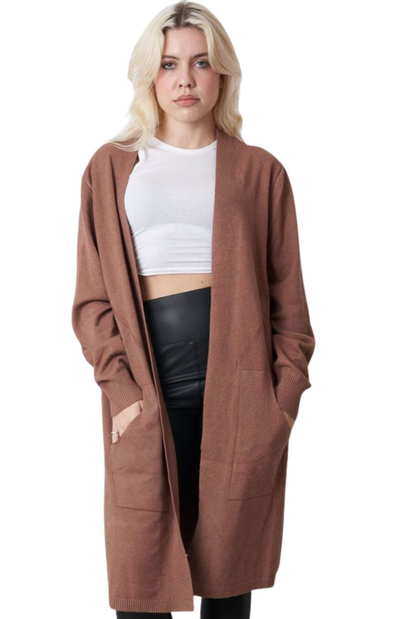Plain Pocket Ribbed Hem Viscose Cardigan