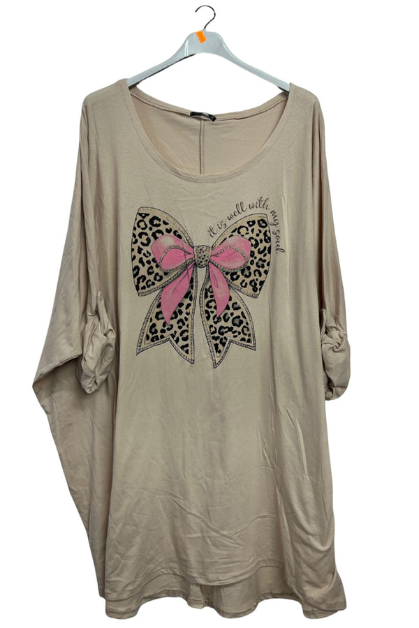 Large Bow Leopard Print Oversized Cotton Top