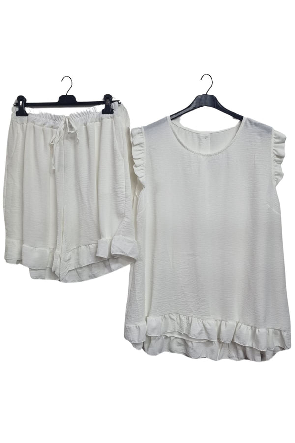Plain Sleeveless Ruffle-Trimmed Co-Ord Set