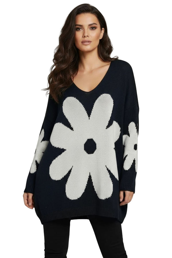 Daisy Flower Pattern High Low Cut Hem Soft Knit Jumper