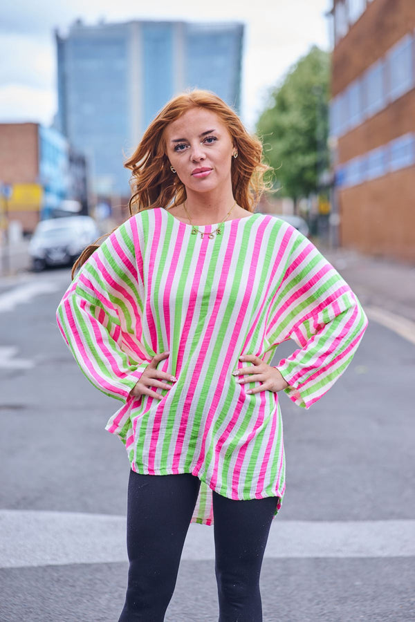 Neon Stripes Print Tunic Cotton Top