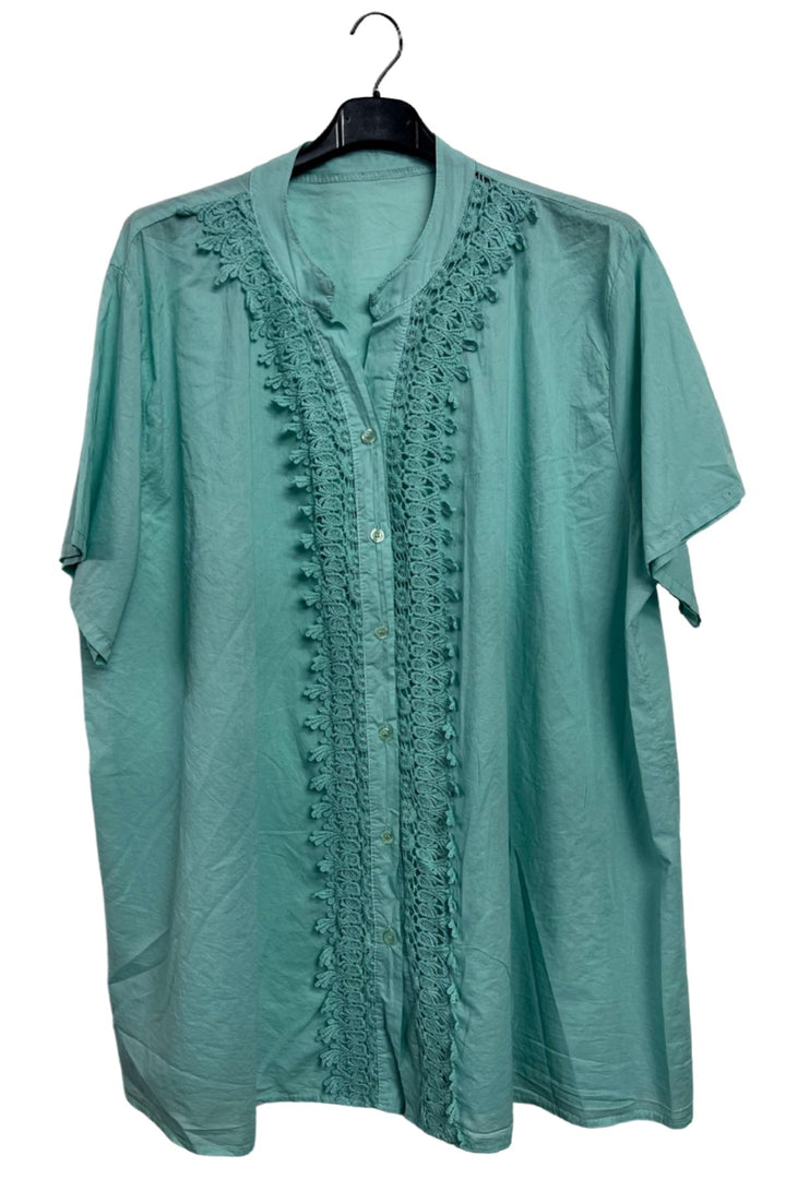 Embroidered Crochet Button-Down Front Cotton Shirt