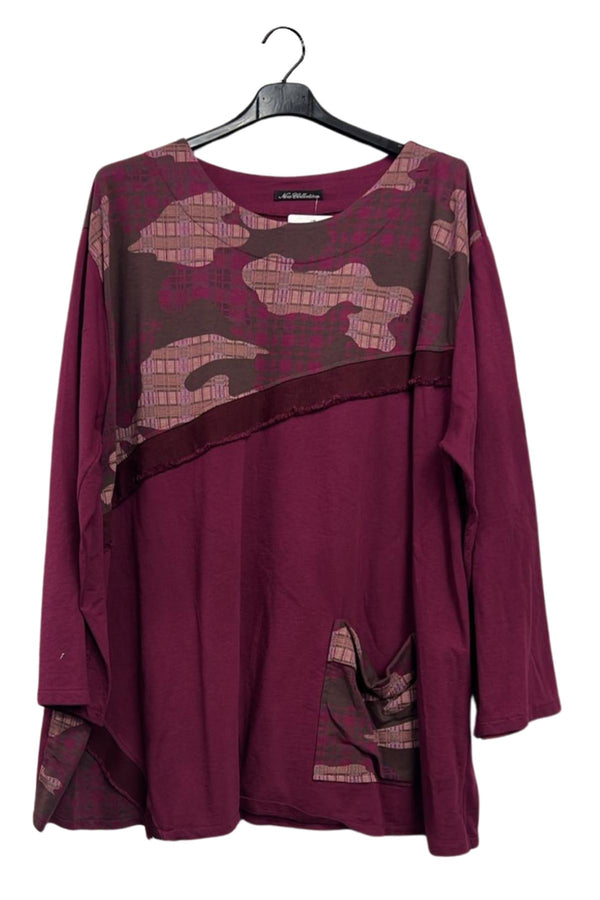 Abstract Camouflage Plaid Patchwork Pattern Front Pocket Cotton Top