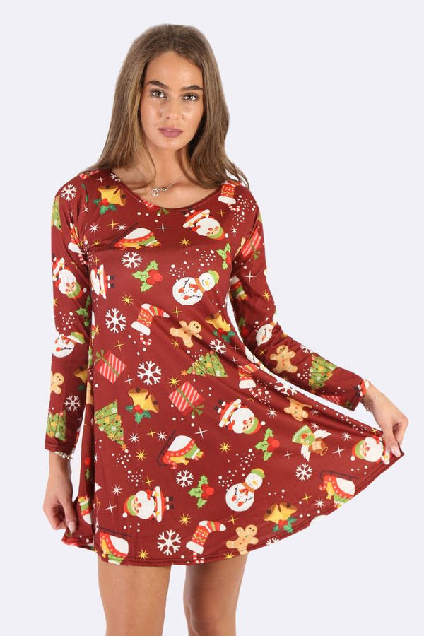 Snowman Tree Gift Print Xmas Dress