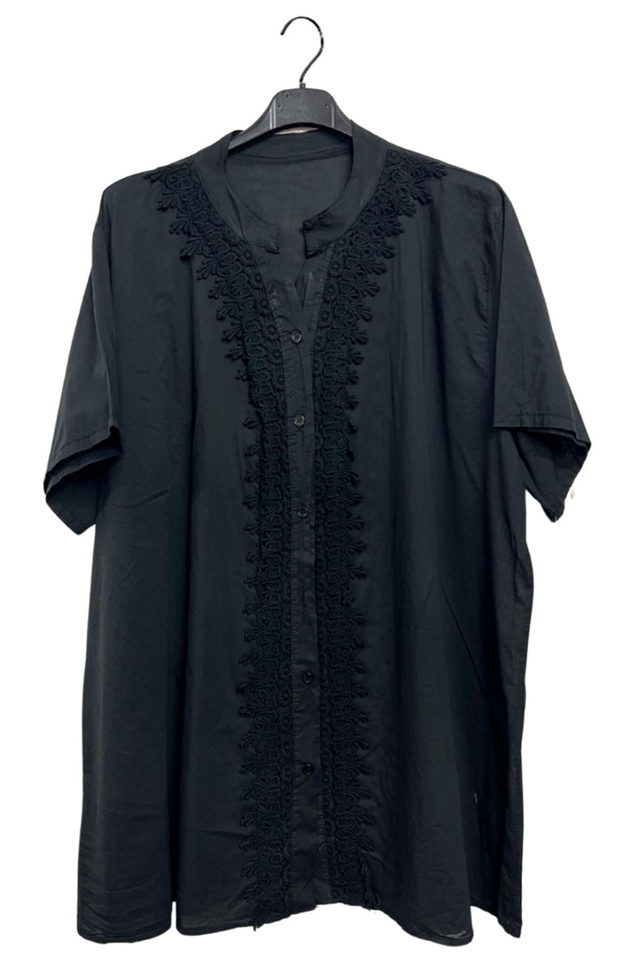 Embroidered Crochet Button-Down Front Cotton Shirt