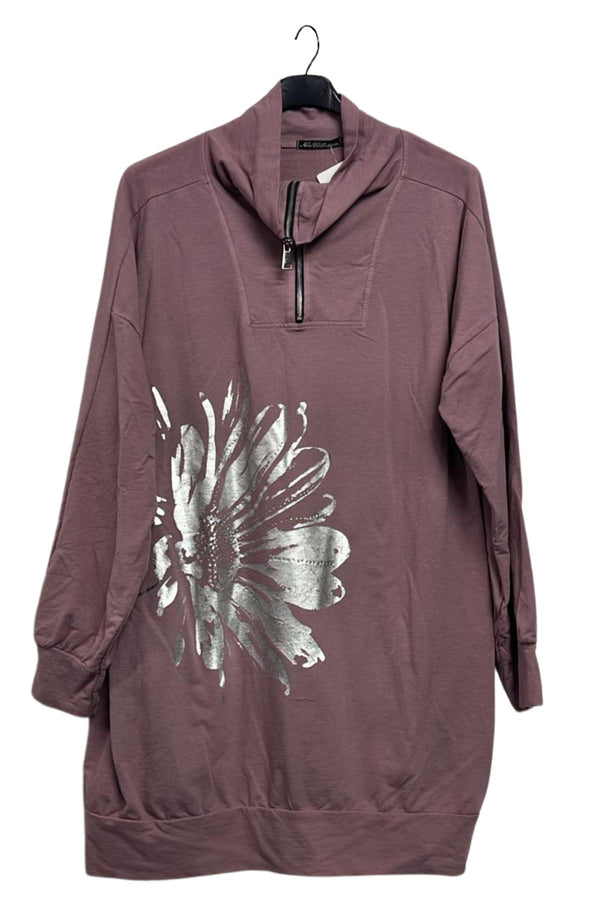 Metallic Foil Flower Pattern Front Zip Cuffed Hem Cotton Top