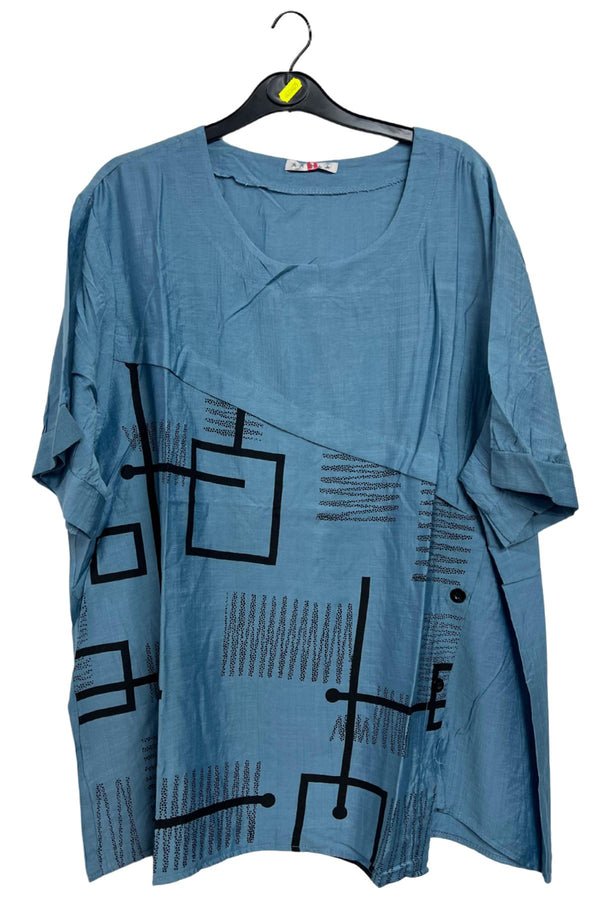Abstract Block Print Side Button Detail Cotton Top