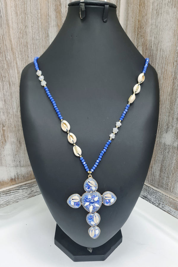 Shell Beaded Cross Pendant Necklace