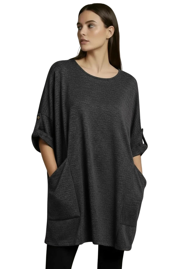 Subtle Heathered Textured Front Two Draped Pockets Top