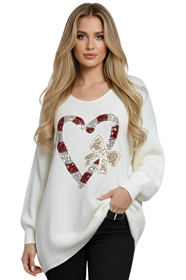 Sequin Heart Gold Bow Applique Dropped Shoulders Jumper