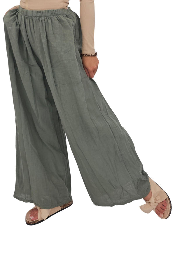 Plain Side Pockets Wide Leg Cotton Palazzo
