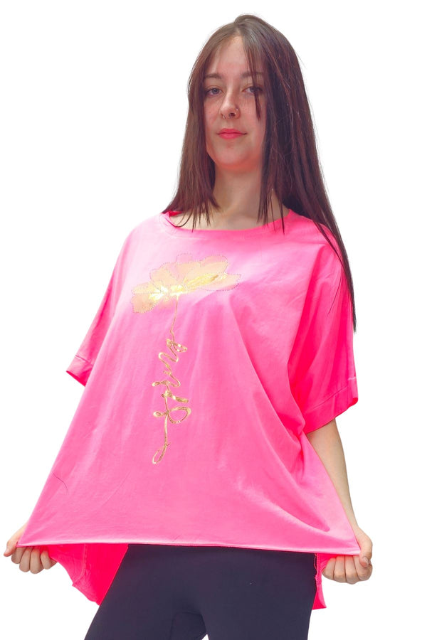 Gold Foil Spring Flower High Low Hem Cotton Top