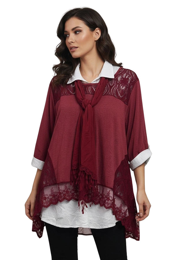 Embroidered Floral Pattern Layered Hem Cotton Top
