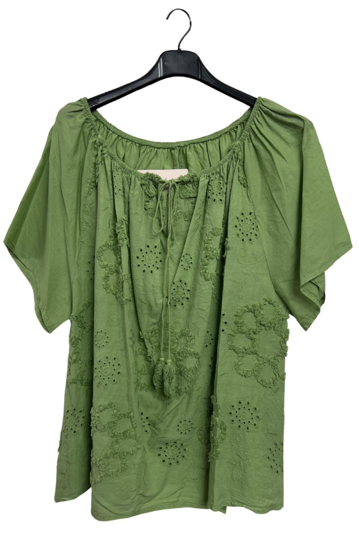 Floral Embroidered Pattern Slightly Curved Hem Cotton Top