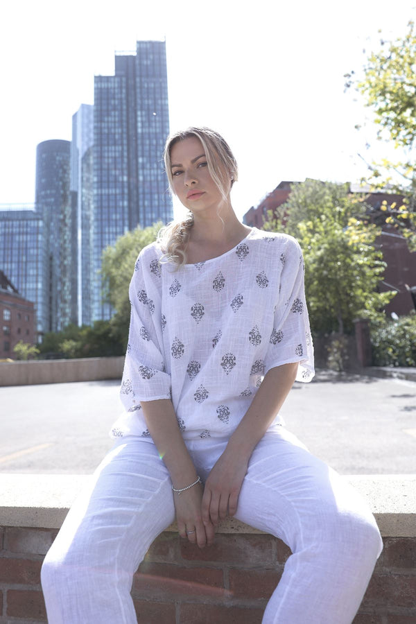 Block Print-Style Motifs Tunic Silhouette Cotton Top