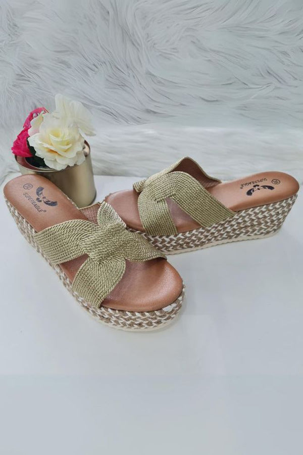 Raffia Cutout Strap Wedge Slider