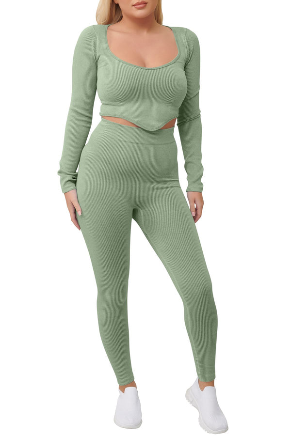 Special Price Ribbed Seamless V Detail Hem Crop Top Cotton Co-Ord Set