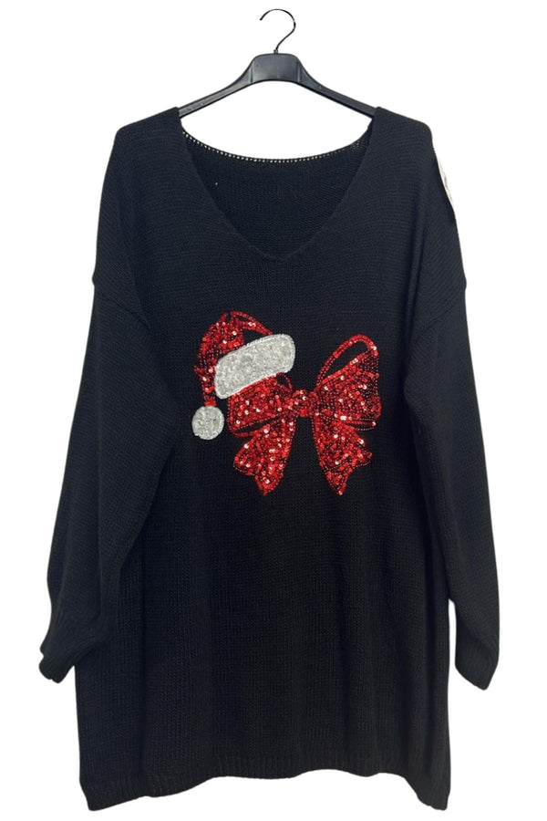 Sequin Bow Santa Hat Drop Shoulder Knitted Jumper
