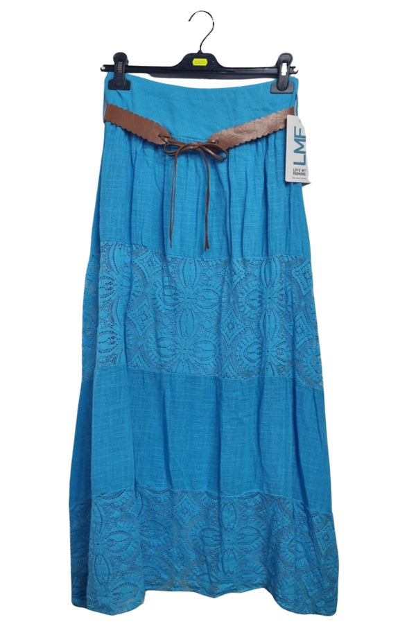 Embroidered Panels Boho Belted Waist Cotton Skirt
