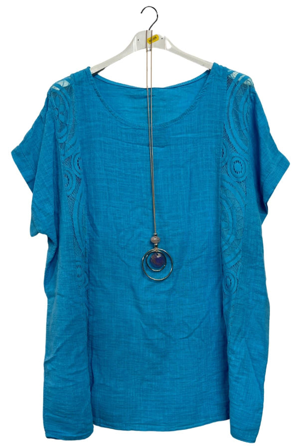 Plain Textured Side Panel Necklace Cotton Top