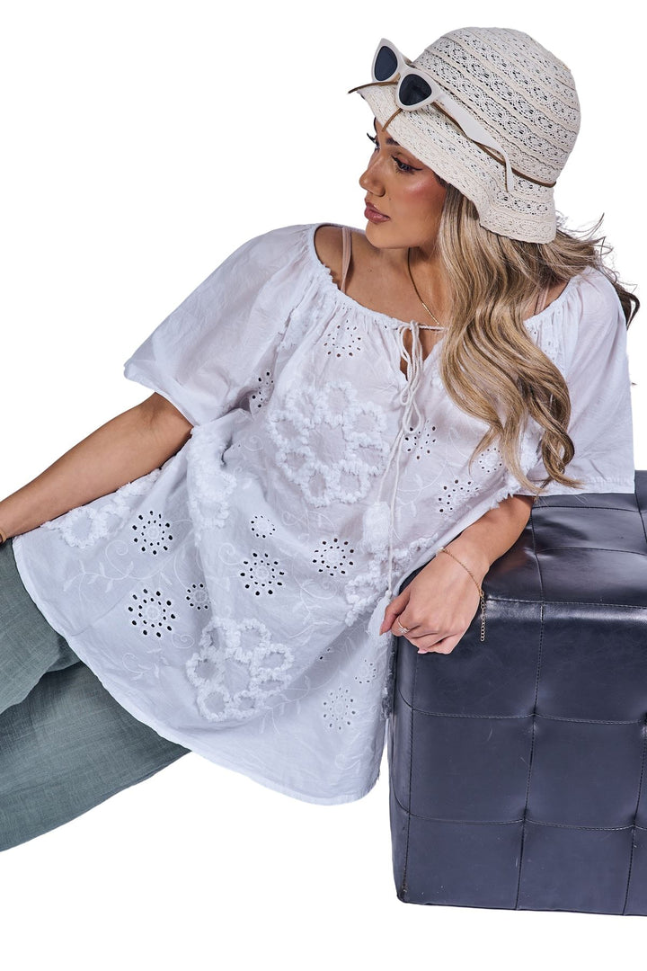Floral Embroidered Pattern Slightly Curved Hem Cotton Top