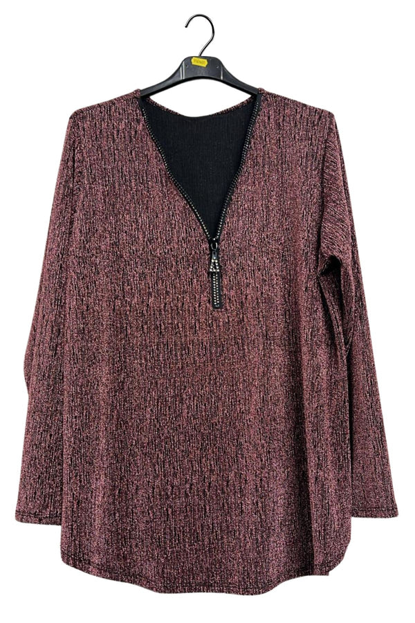 Metallic Knit Textured Round Hemline Top