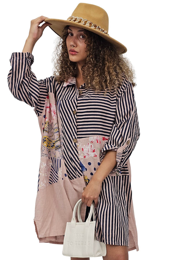 Vertical Stripes Polka Dot Print Full Front Buttons Linen Shirt