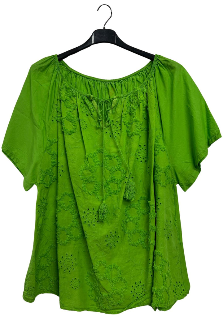 Floral Embroidered Pattern Slightly Curved Hem Cotton Top