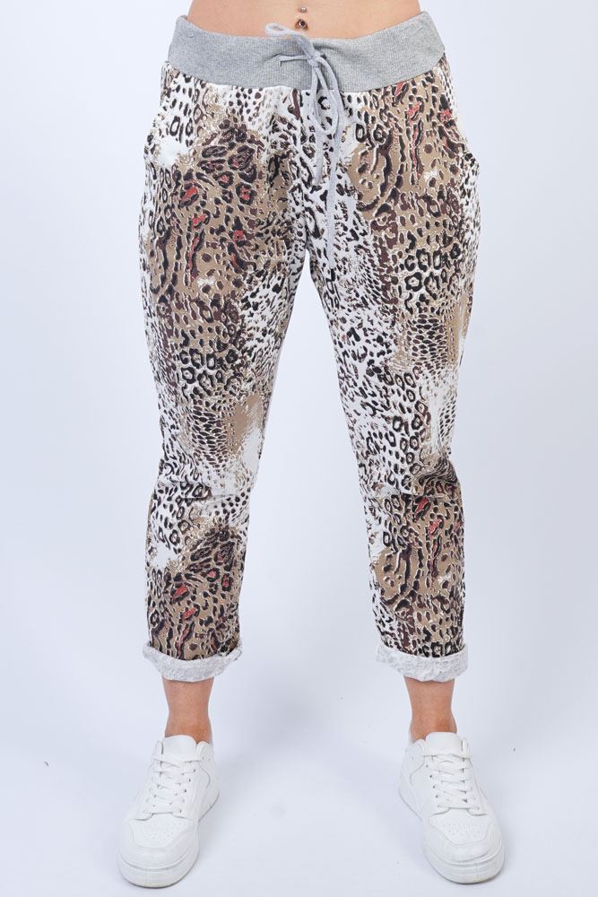 Leopard Print Pockets Cotton Jogging Bottom