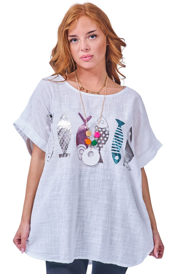 Shiny Metallic Fish Motifs Tunic Cotton Top