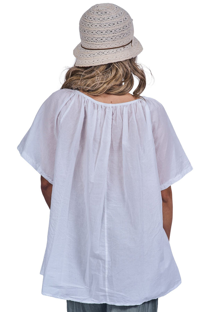 Floral Embroidered Pattern Slightly Curved Hem Cotton Top