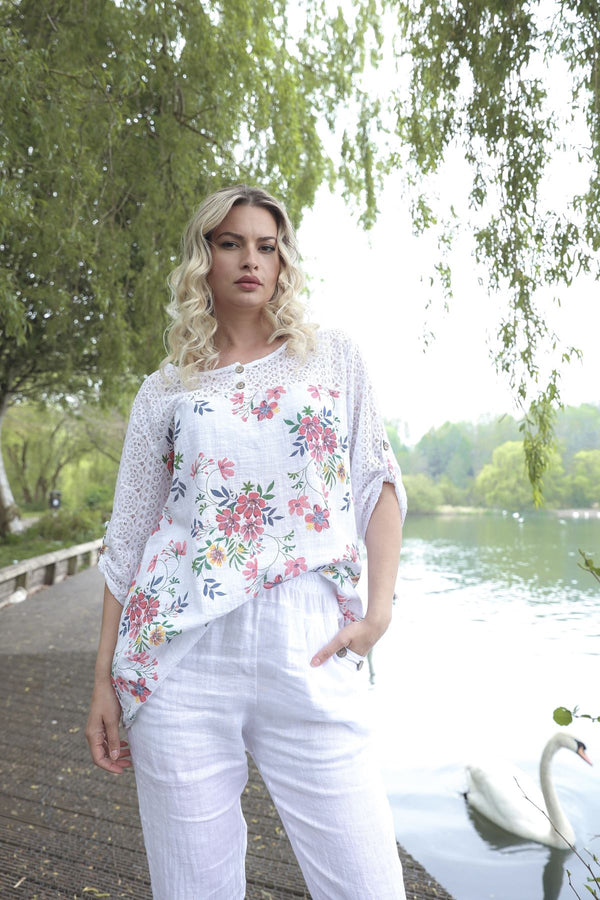 Floral Print Lace Detailing Tunic Cotton Top