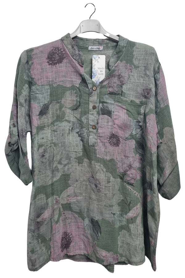 Floral Print Chest Pocket Oversized Tunic Cotton Top