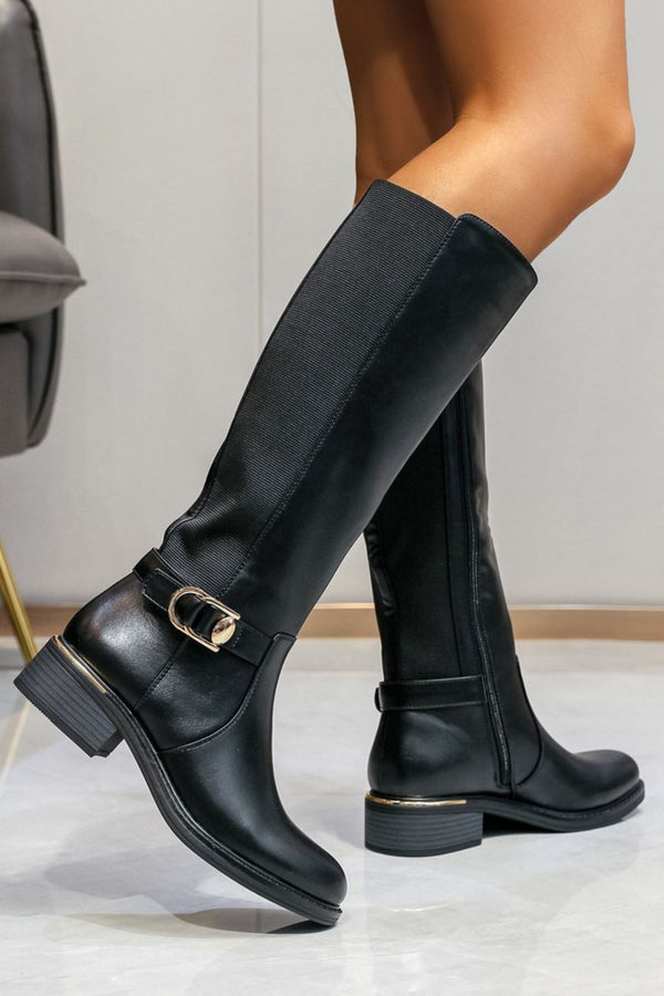 Knee High Buckle Detail Side Zip Block Heel Shoes
