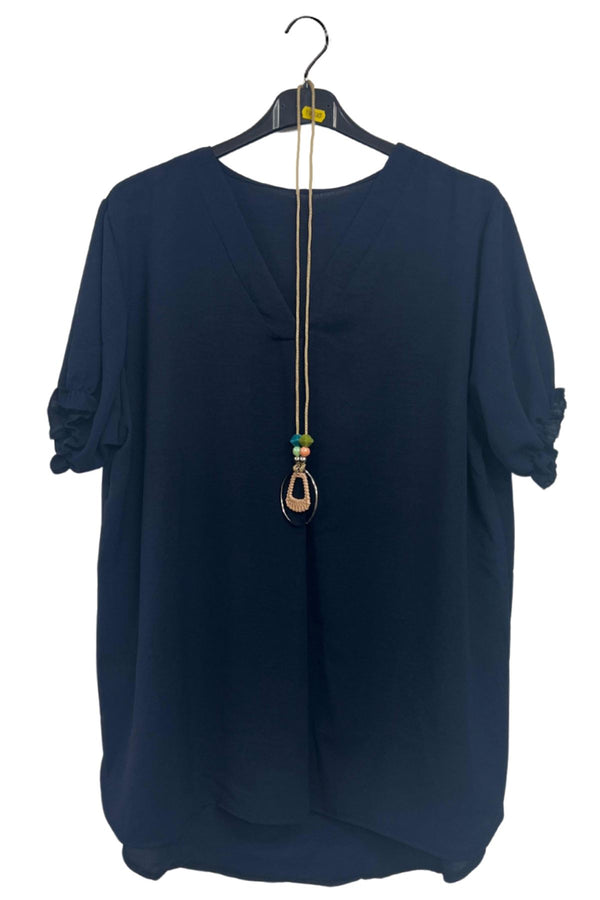 Plain Short Puff Sleeves Necklace Top